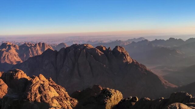 Panorama of Mount Sinai in Sinai Peninsula of Egypt. Dawn of the holy summit of Mount Sinai, Aka Jebel Musa, know also as Mount of Ten Commandments or Mount of Moses.