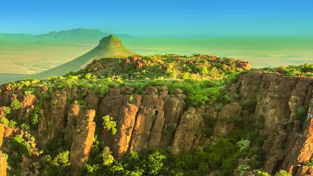 Panorama of Valley of Desolation in Camdeboo National Park, Karoo in Eastern Cape near town of Graaff-Reinet, South Africa. Summer season. Afternoon shot with sunset light. Banner with copy space.