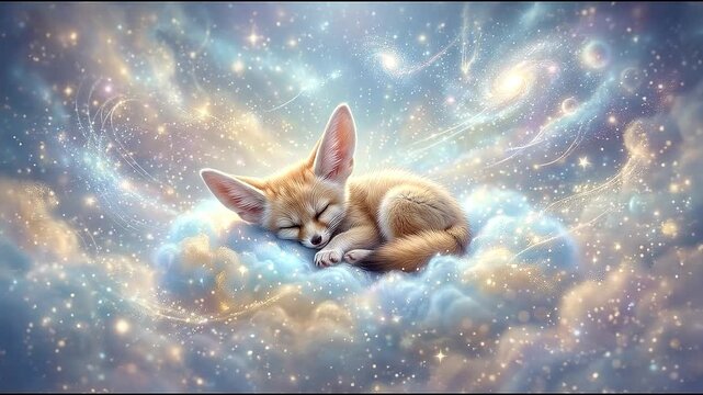 Fennec fox sleeping peacefully on a cloud in a magical galaxy