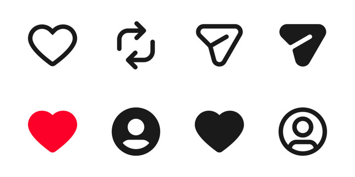 Instagram icons for Social media interaction line icon set with like, love, share and repost symbols in clean outline and filled solid vector style