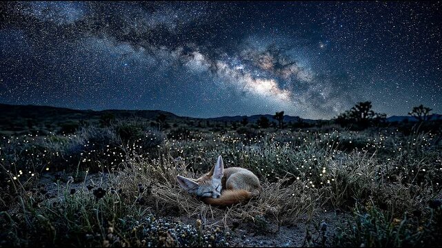 Fennec fox sleeping under the milky way in a desert at night
