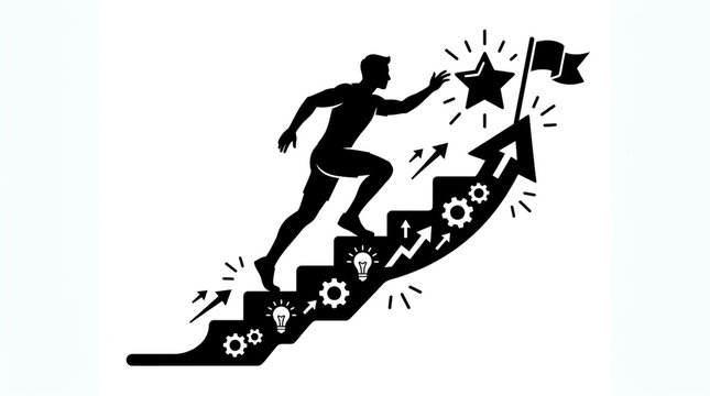 Business Success and Career Growth Concept Vector Illustration with Motivated Man Climbing Stairs to Achieve Goals