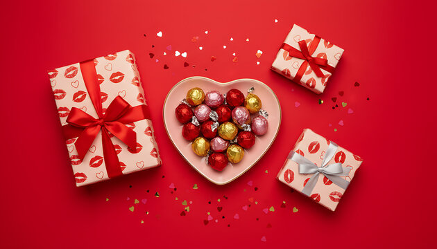 Romantic Valentine's Day Vertical Composition with Gift Boxes in Kiss Pattern Wrapping Paper, Heart Shaped Dish Full of Chocolate Candies and Sparkling Confetti on Isolated Red Background