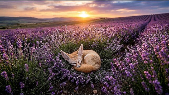 Cute fennec fox sleeping in a blooming lavender field at sunset