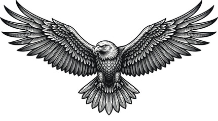 Obraz premium Powerful bald eagle soaring with spread wings in woodcut style
