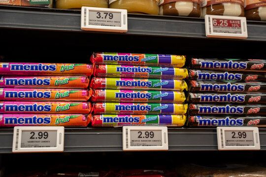 Close up of Mentos candy display on grocery store shelf. Toronto, Canada - June 9, 2026.