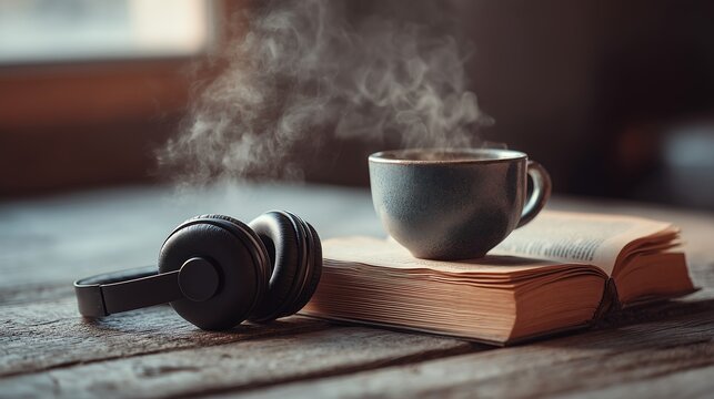 Open book with headphones and steaming coffee on rustic table, cozy home interior and simple audiobook lifestyle theme