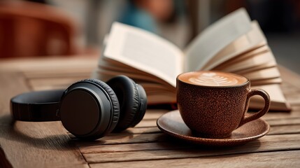 Obraz premium Black headphones beside open novel and latte on cafe table, warm tones, relaxing audiobook concept and cozy reading lifestyle