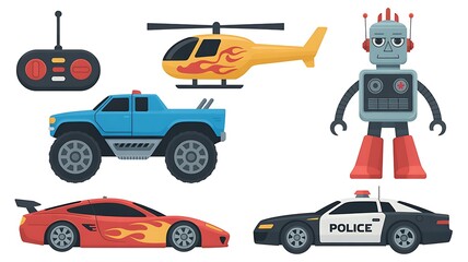 Naklejka premium A colorful illustration of a robot, police car, sports car, truck, helicopter and remote control
