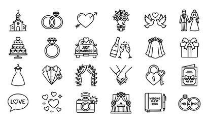 Obraz premium Minimal wedding and love vector set with marriage outline icons