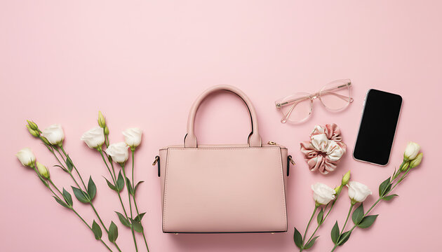 Flat lay composition of feminine pink leather purse, stylish eyewear, mobile smartphone, fabric hair scrunchies, and white eustoma flower buds on minimalist pastel background with empty space.