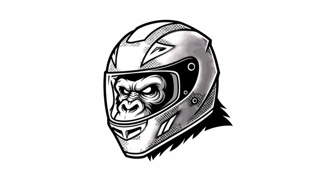 black and white vector illustration of a gorilla's head wearing a motorcycle helmet with a visor, showcasing a mix of animal and protective gear in a stylized, graphic art style.