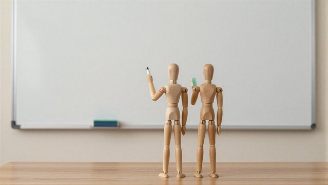 Two wooden figures stand before a blank whiteboard ready to write or