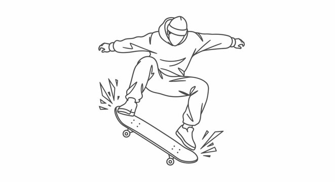 skateboarder is captured in mid-air, executing a kickflip trick with a skateboard. The illustration features bold lines and a minimalist style, set against a plain white background.