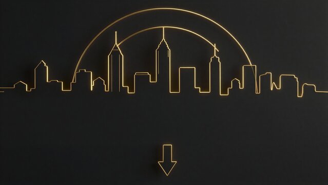 Golden city skyline outline with downward arrow minimalist design on
