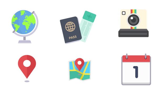 set of map pointers Travel and vacation flat icon set animation isolated on white background