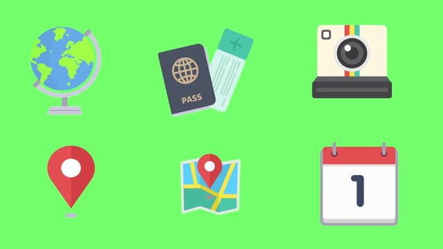 set of travel icons Travel and vacation flat icon set animation isolated on green background