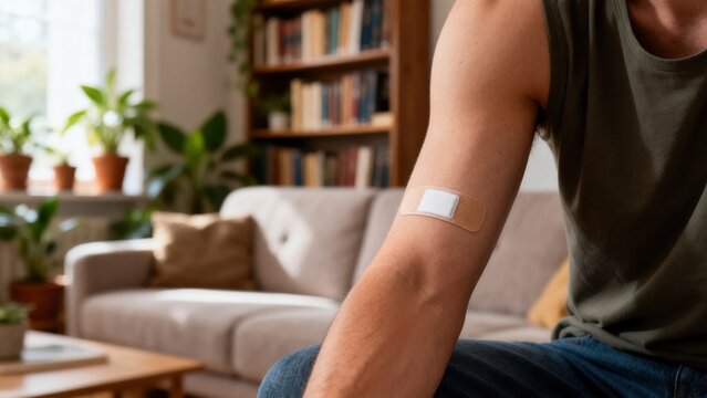 Person with bandage on arm in living room