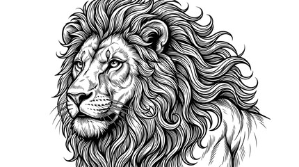 Lion portrait with detailed mane and intense gaze in black line art © Isun