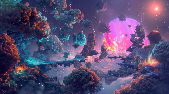 A dreamlike, surreal diorama of artificial habitats suspended among crystal-clear orbs and floating orbital cubes, bathed in neon cyan and magenta light. Isometric diorama elements drift amidst annul