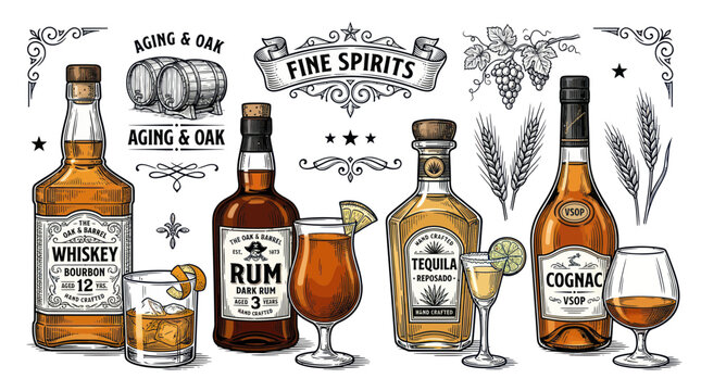 Vintage fine spirits collection with whiskey rum tequila and cognac