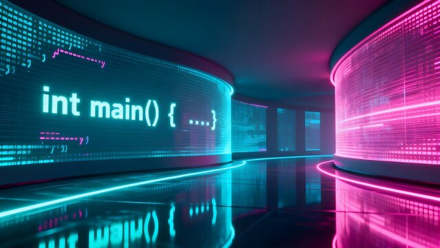 Futuristic coding environment with neon lights