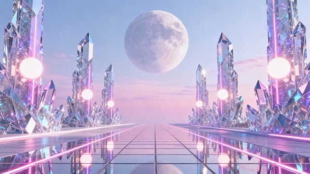 Futuristic crystal pathway under moonlight