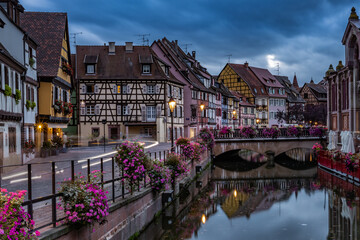 Fototapeta premium Beautiful Colmar France Night Town View with Canal and Historic Architecture