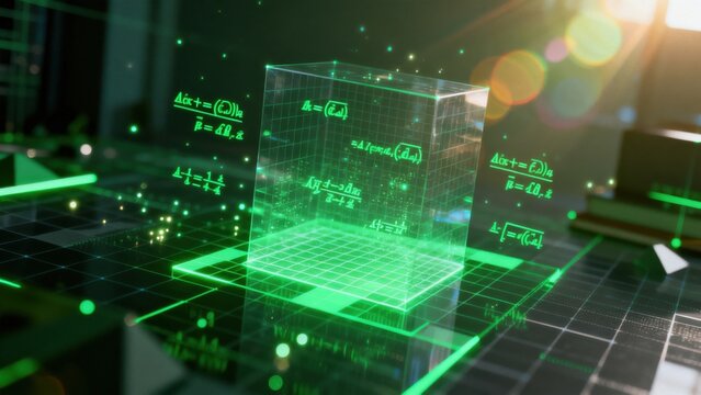 Glowing cube with mathematical equations
