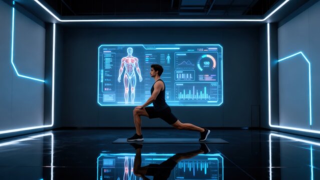 Man doing lunge exercise in futuristic room