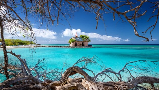 Tropical Turquoise Hermitage Seascape Of Carriacou Framed By A Tangle Of Dead Sea Grape Tree Roots And Branches