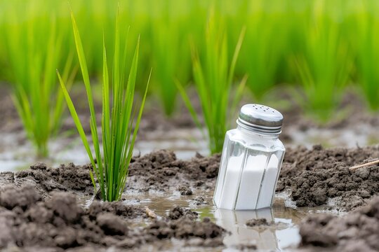 Salt shaker lying in wet paddy rice field soil. Soil salinity problem concept