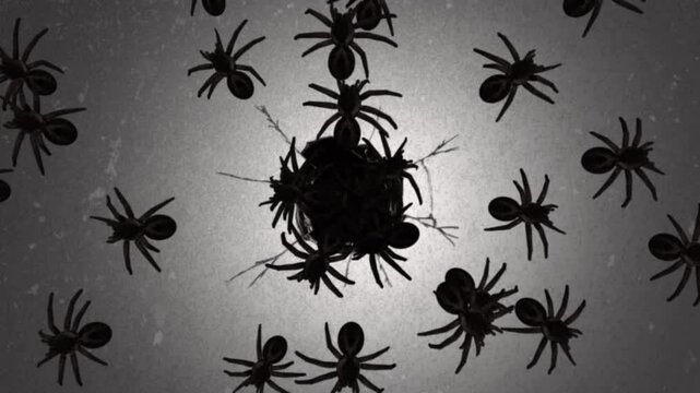  Monochromatic scary spiders crawling over a hole on a textured grey background, vintage horror style