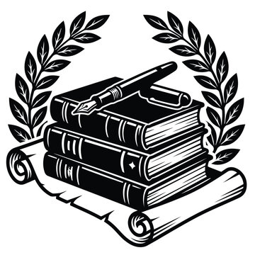 Stack of books with fountain pen and laurel wreath vector illustration