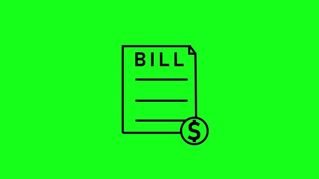 A simple black outline of a bill document with horizontal lines and a dollar sign coin in the lower right corner set against a bright, solid green background representing a digital
