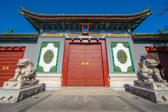 Ancient Chinese Temple Entrance Beijing with Lion Statues