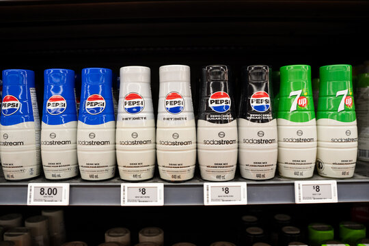 Close up of SodaStream Pepsi and 7UP drink mixes on grocery store shelf. Toronto, Canada - June 9, 2026.