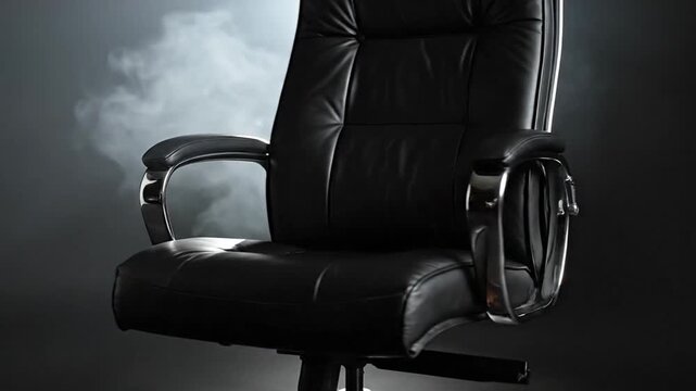 Empty black leather executive office chair with wooden base on a dark studio background