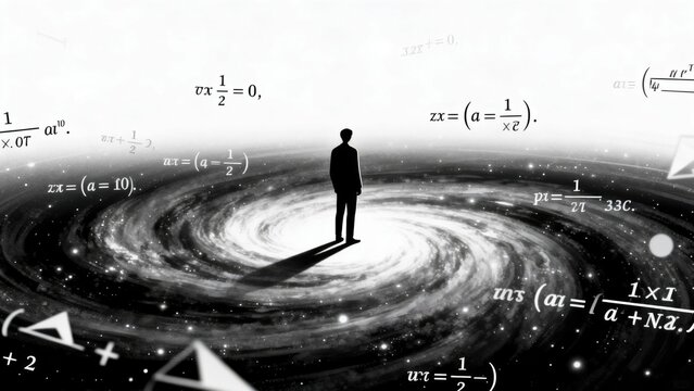 Person standing in a galaxy with mathematical equations