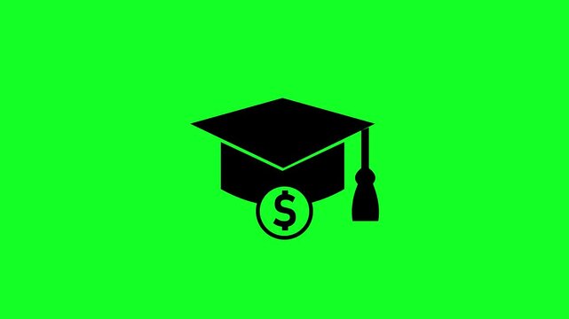 A black silhouette of a graduation cap with a tassel and a dollar sign coin prominently displayed on a bright, vibrant green background signifying educational expenses and financial investment