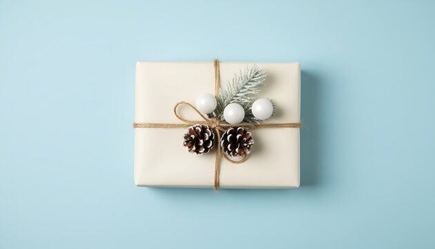 Top view of a festive giftbox wrapped with rustic twine and adorned with snowy twig, white Christmas tree ornament, and natural pine cone on a minimalist pastel blue background with copy space.