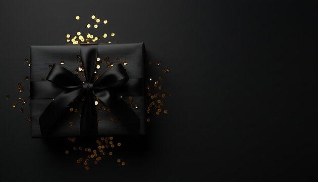 Elegant top view of a luxury giftbox wrapped in matte black paper with a silk ribbon bow and shimmering golden sequins scattered on a dark background with copy space for celebration greeting.