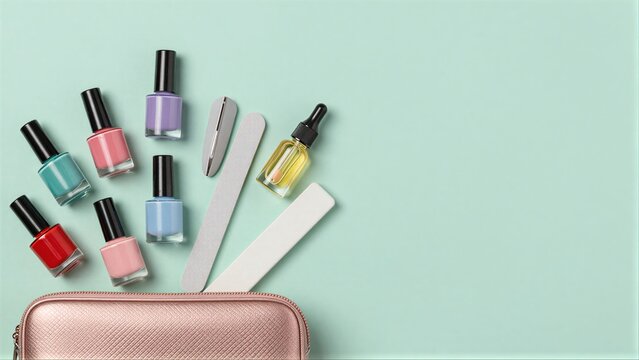 Colorful nail polishes and tools spill from a rose gold manicure bag.