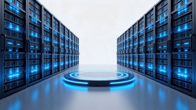 Server room with blue illuminated racks