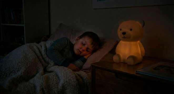 Child sound asleep hugging pillow with glowing bear night lamp in dark bedroom for kids deep sleep night rest and bedtime content