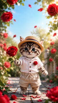 Cute fluffy tabby kitten holding a red rose in a blooming summer rose garden. Adorable feline wearing a straw hat, striped shirt, and beige shorts, surrounded by vibrant red roses and floating petals.
