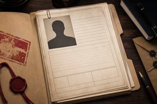 Open Top Secret Dossier with Blank Agent Profile on a Vintage Wooden Desk, Evoking Espionage, Intelligence, and Classified Document Mystery.