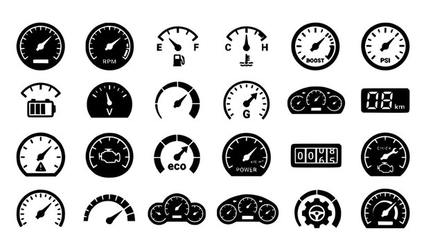 Speedometer and Performance Gauge Black Glyph Icon Set with Dashboard Meter Indicators