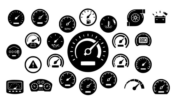 Performance Dashboard Glyph Collection with Speedometer Tachometer and Automotive Gauges