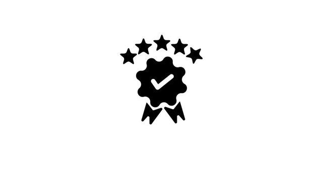Black Silhouette of a Five Star Rating Badge with a Check Mark on a White Background Symbolizing Excellence and Verification